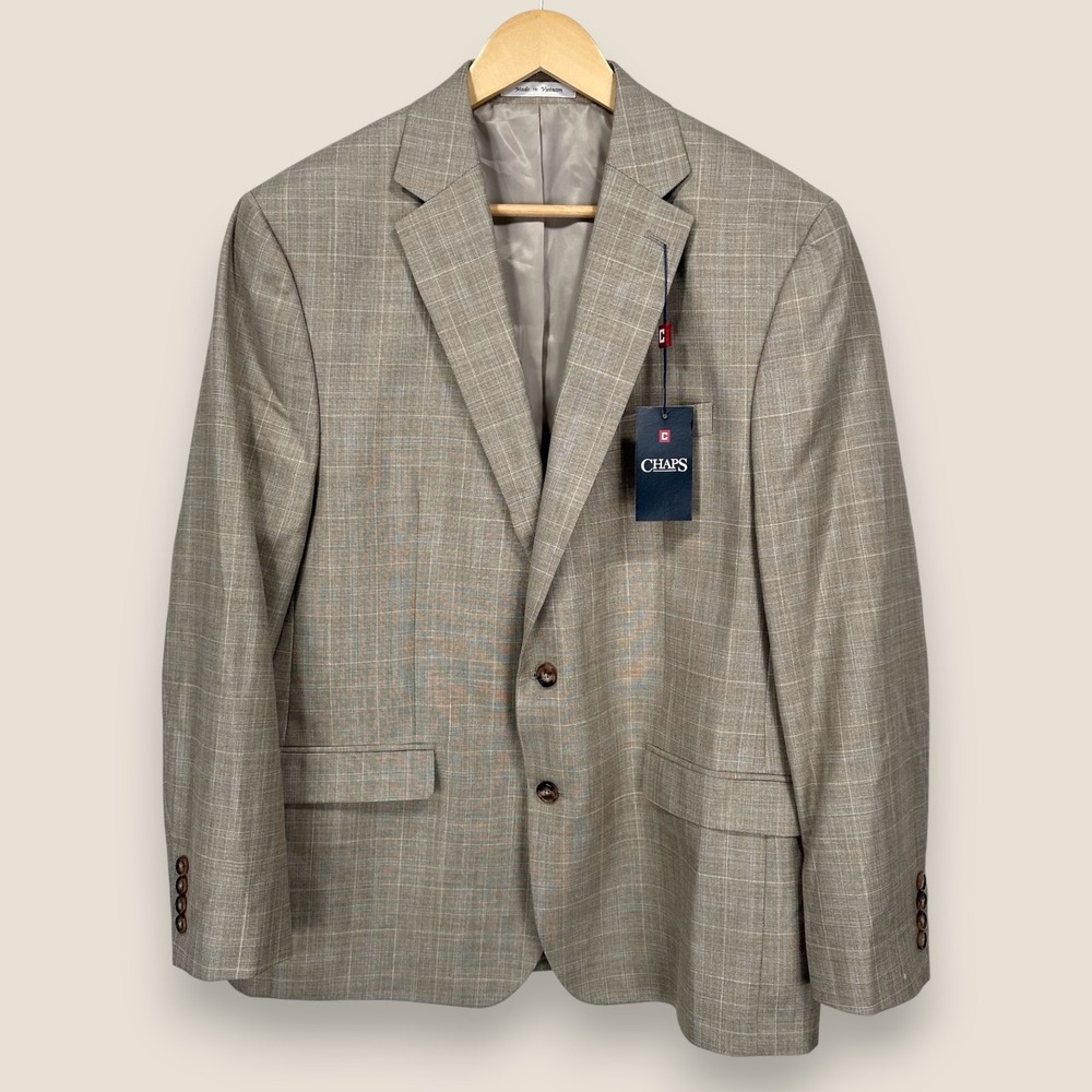 Chaps Sport Coat Blazer Men Size 44R Beige Tan Poly Viscose Check 2 Btn NWT